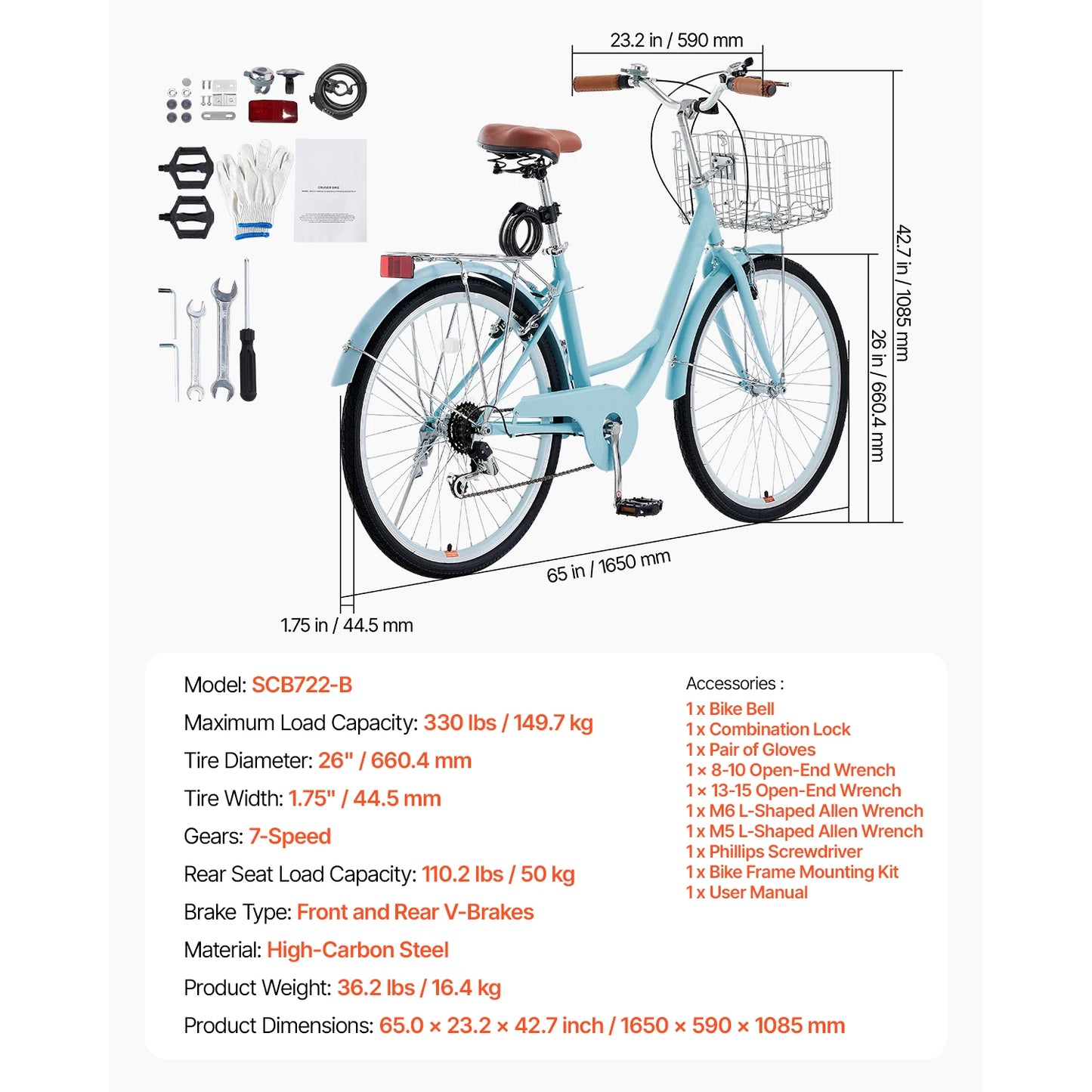 VEVOR Cruiser Bike, 24/26-Inch Beach Cruiser