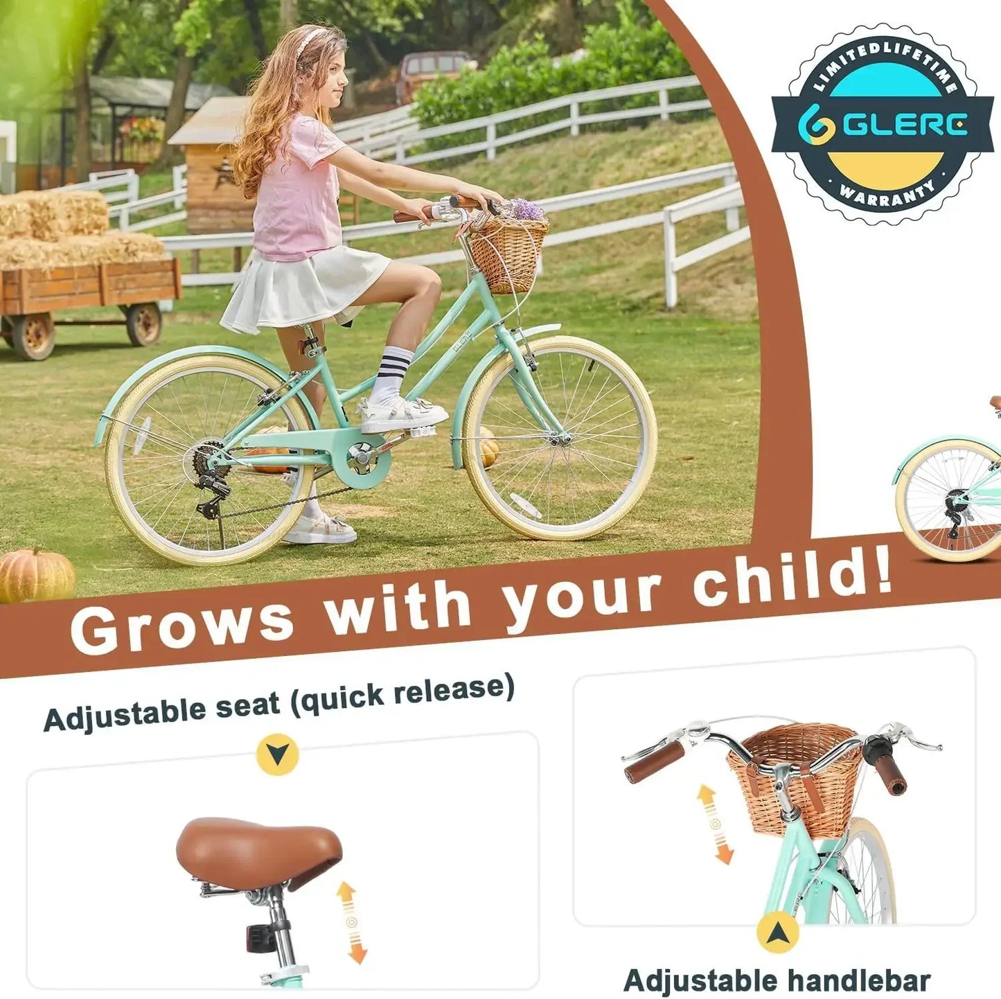 20" 24" 26" inch 6-Speed Hybrid City Bicycle for Youth Over 6 Years Old w/ Wicker Basket & Lightweight, Multiple Colors USA
