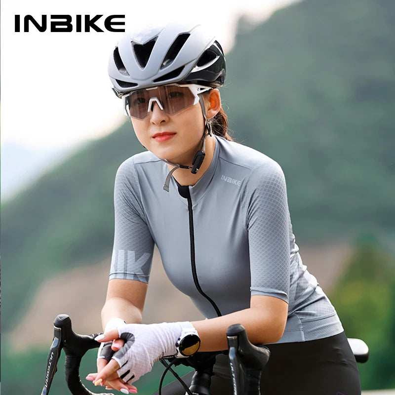 INBIKE Summer Women Short-sleeved Cycling Jersey Quick Dry MTB Top Bike Riding Shirts for Women MTB Jersey Clothing with Pockets