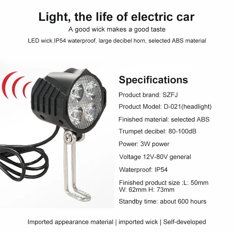 E-Bike 12V 24V 36V 48V 60V 72V Electric Bicycle Light with Horn