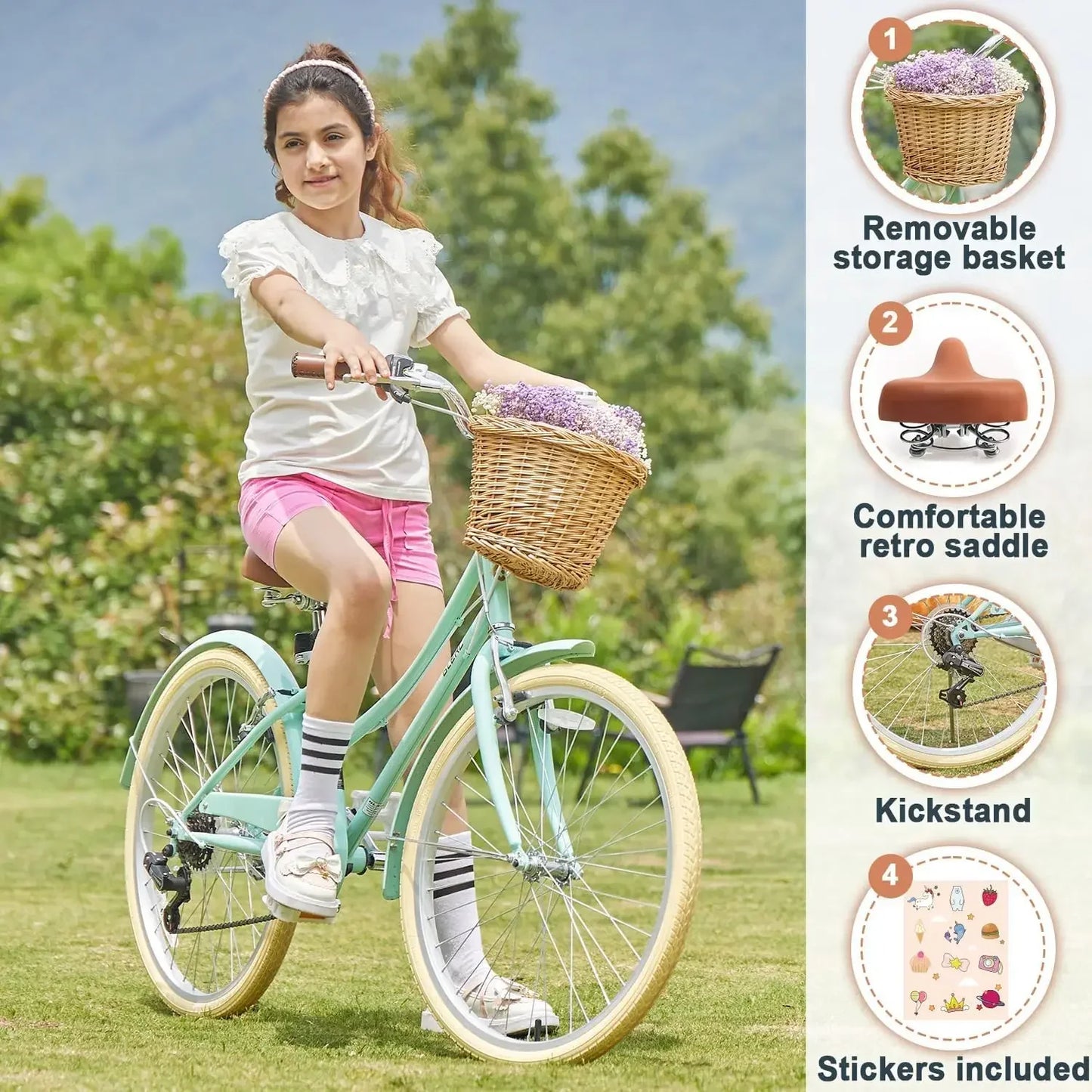 20" 24" 26" inch 6-Speed Hybrid City Bicycle for Youth Over 6 Years Old w/ Wicker Basket & Lightweight, Multiple Colors USA