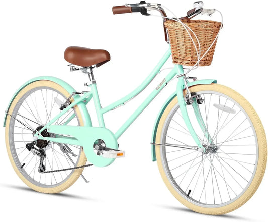 20" 24" 26" inch 6-Speed Hybrid City Bicycle for Youth Over 6 Years Old w/ Wicker Basket & Lightweight, Multiple Colors USA